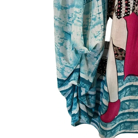 LP Rhinestone Studded Novelty Blouse XXL Woman Cheetah Building Ruched Stretch - Picture 6 of 15